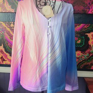 ZOLUCKY ~ Sz S ~ V Neck ~ Multicolor ~ 3 Front Button Long Sleeve Top ~ NWT